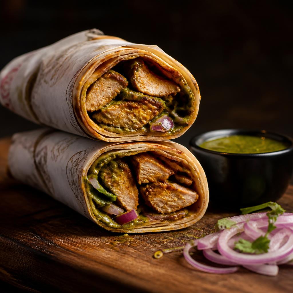Soya chaap roll wrap with mint chutney and onions