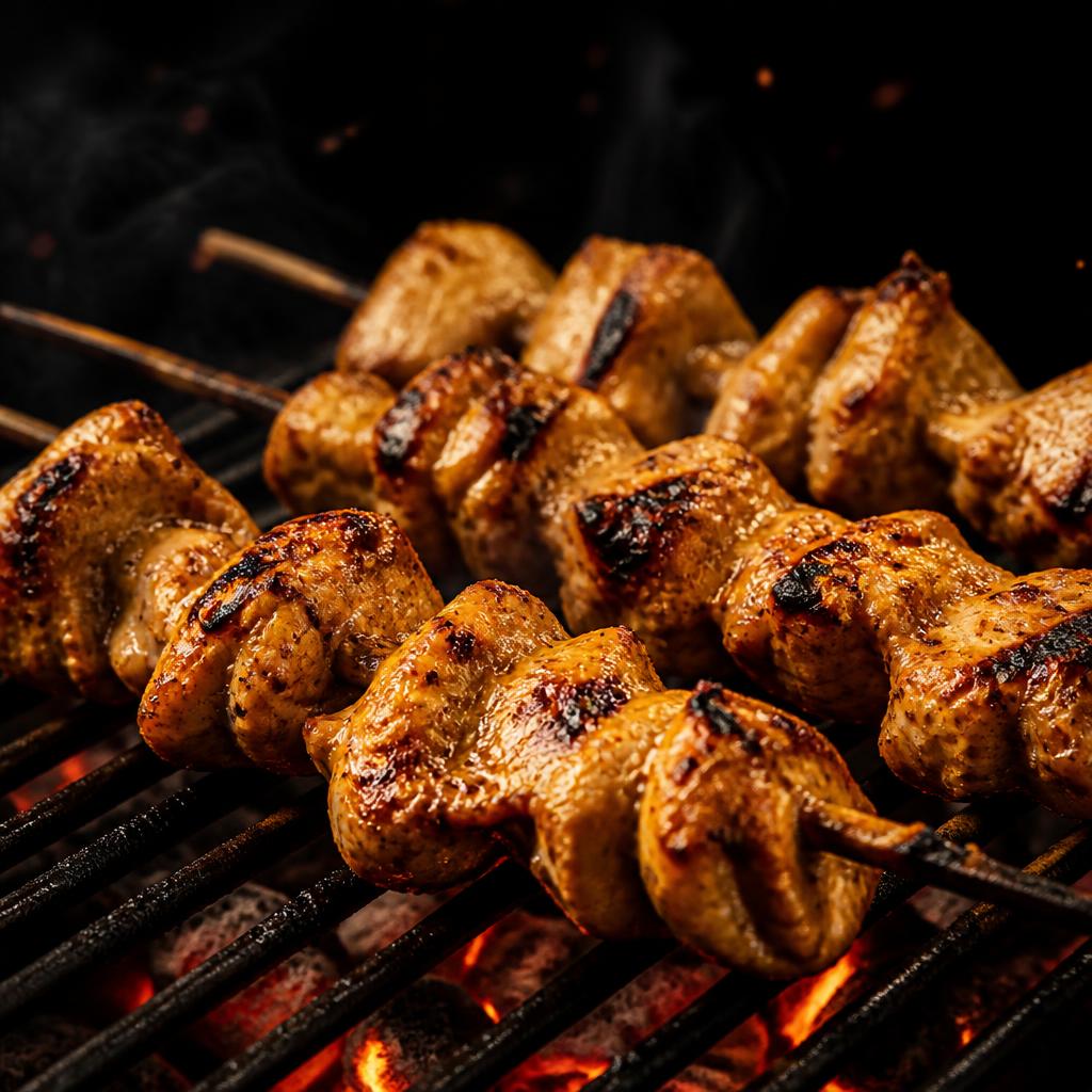 Tandoori soya chaap skewers grilling over charcoal
